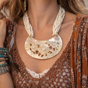 Vintage Carved Mother of Pearl Floral Bib Necklace Large Shell Pendant Statement